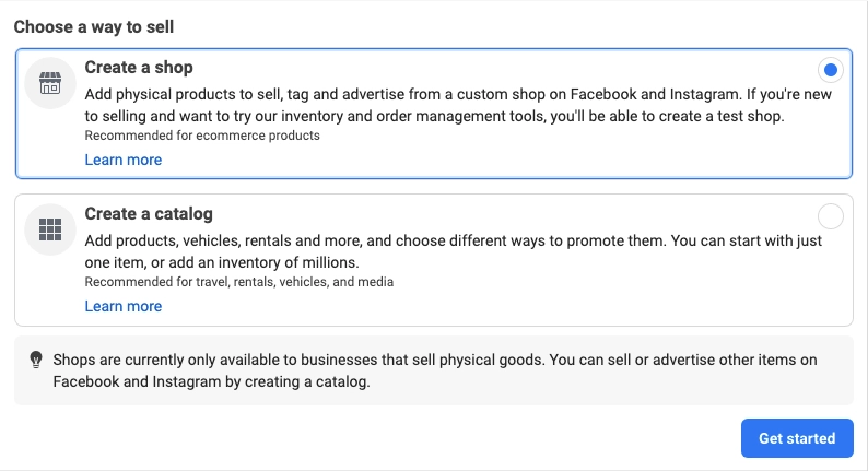 Screenshot of choosing a way to sell