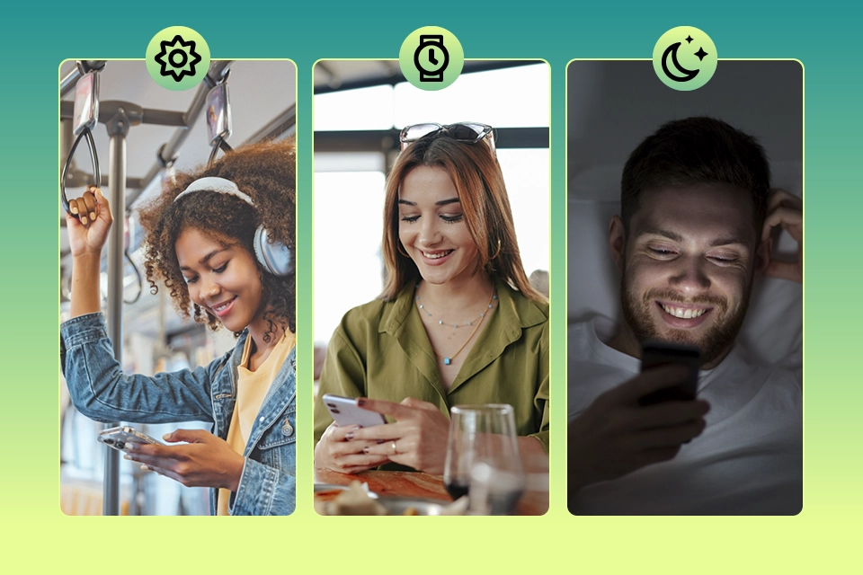 Three people on their smartphones at different times of day symbolizing the best time to post on social media
