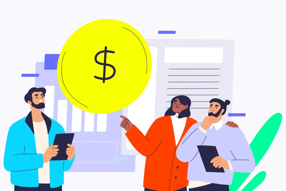 Illustrated people discussing influencer marketing cost represented by a large yellow coin with a dollar sign