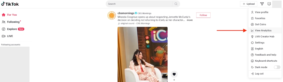 Screenshot of TikTok with View Analytics highlighted in the account dropdown