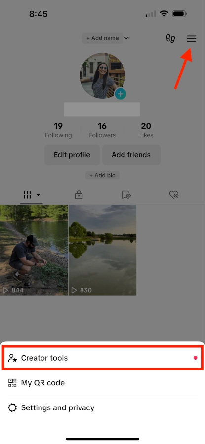 Screenshot of TikTok account with Creator Tools highlighted