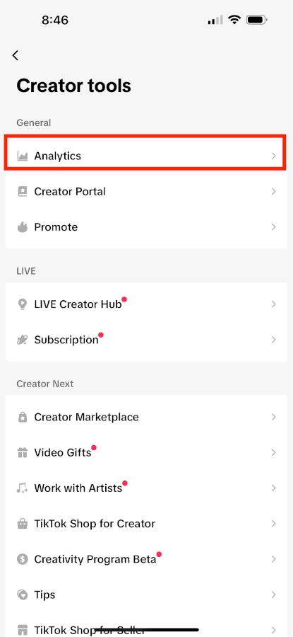 Screenshot of TikTok Creator Tools menu with Analytics highlighted