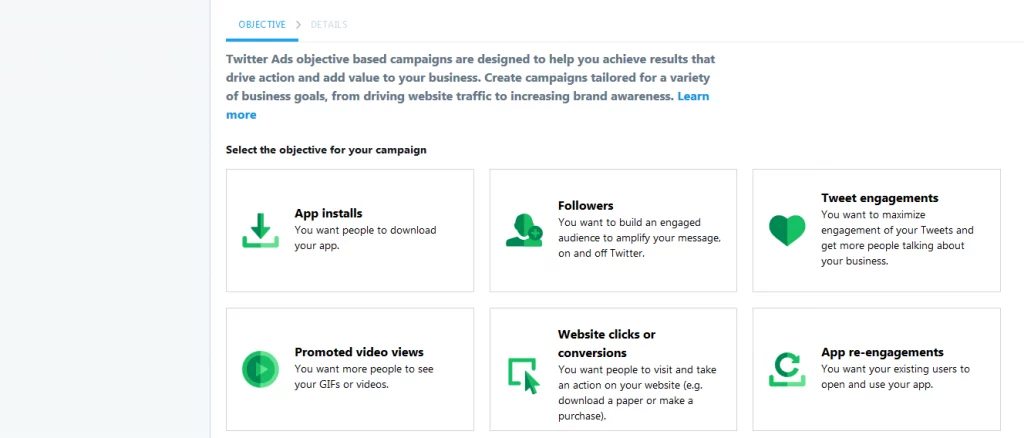 Screenshot of Twitter ad options